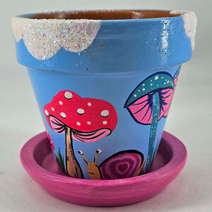 Hand painted mushroom snail clouds sweet little planter w saucer